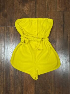 Vintage 1970s Yellow Terrycloth Playsuit Strapless Belted Bathing Suit Cover-Up